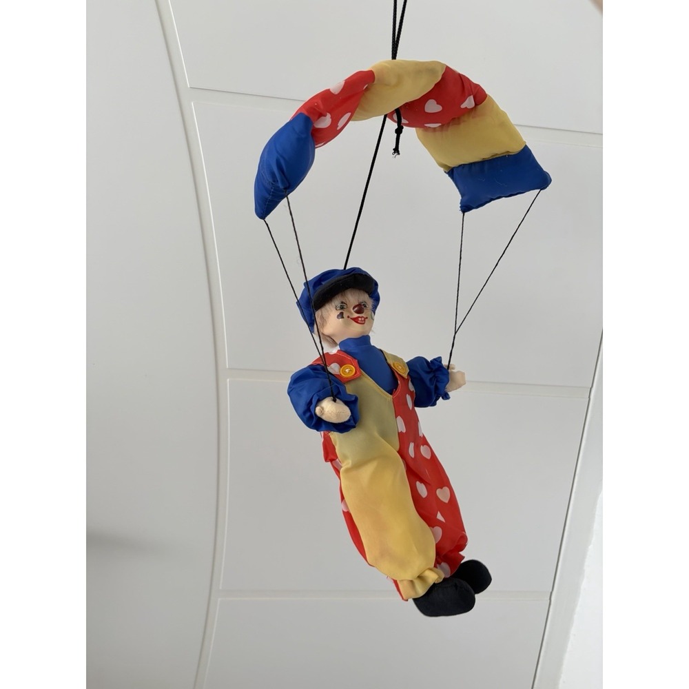 Vintage Happy Clown with Hanging Parachute Purple Yellow Red Heart Print Toy - Picture 4 of 9